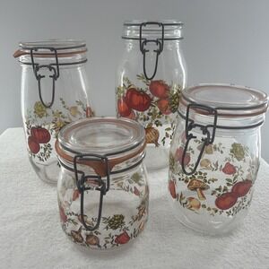 ARC France Vintage Spice Of Life Mushroom Veg Glass Canister Jar Set Of 4 1970s